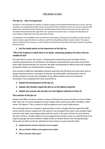 Home Learning - Holy books in Islam