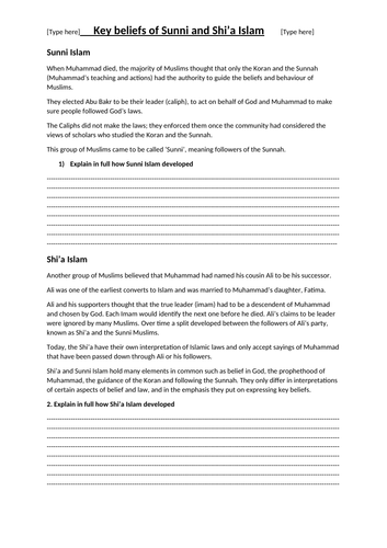 Home learning - Key beliefs of Sunni and Shi'a Islam