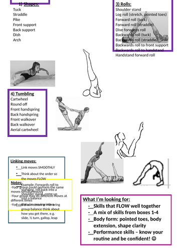Gymnastics routine ideas combining skills rolls balances jumps shapes and assessment points