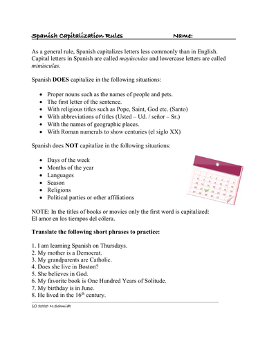 Spanish Capitalization Rules Handout / Worksheet (Mayúsculas y minúsculas)