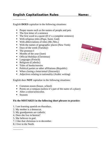 English Capitalization Rules Handout / Worksheet