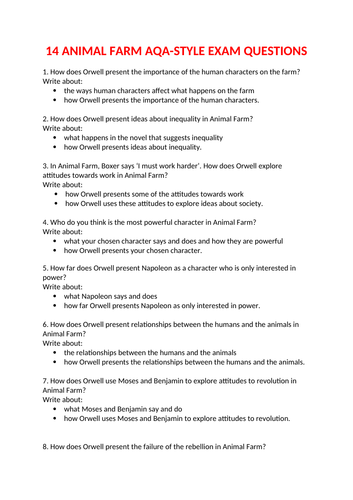 Animal Farm 14 Exam Questions Teaching Resources
