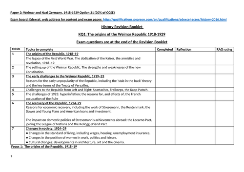 Weimar and Nazi Germany GCSE Revision Booklet, KQ 1 the Weimar Republic