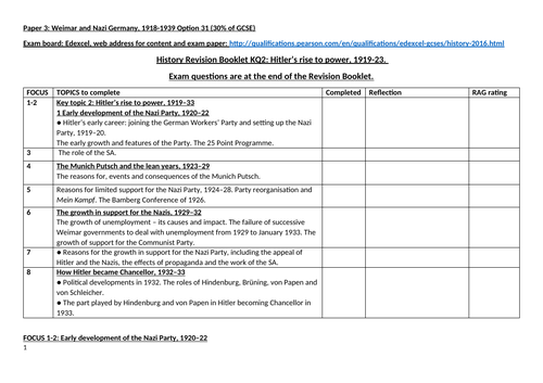 Weimar and Nazi Germany GCSE Revision Booklet for key question 2 early years of Nazi party