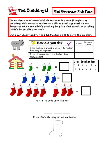 Christmas addition and subtraction problem solving code breaker nursery, reception and y1 level