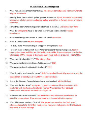 USA 1910-1929 Knowledge Quiz