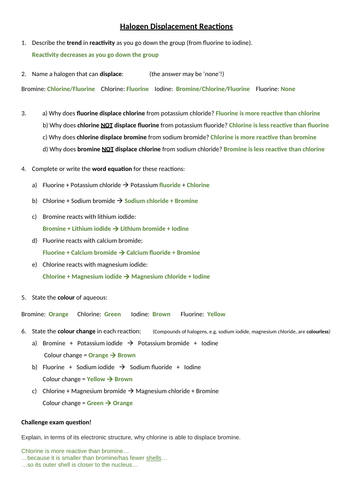 Group 7 Halogen Displacement Reactions Worksheet with Answers