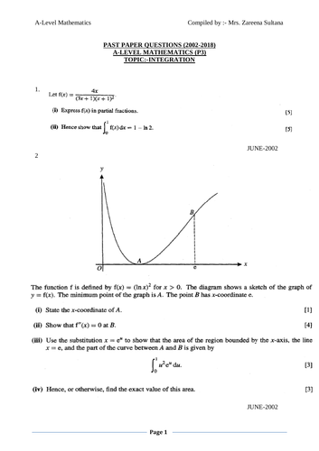 GCE -Mathematics - 9709-Worksheet-Integration -Pure Mathematics-P3