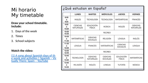 Spanish Year 7 My timetable