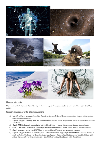 Dance cover work theory stimulus choreography theory exam questions practice section A section B KS4