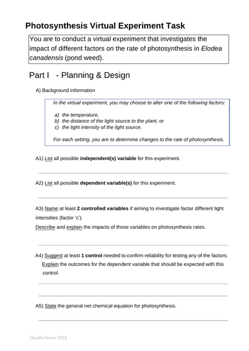 Biology Photosynthesis Virtual Experiment Task Sheet