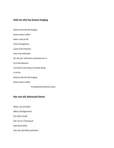 german poem by goethe 'Nur wer die Sehnsucht kennt' tigether with translation