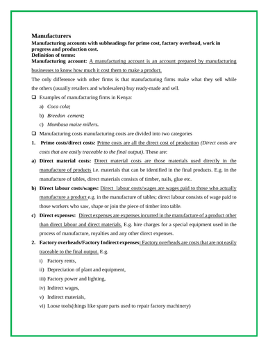 Manufacturing Accounts for As and A-Level revision notes