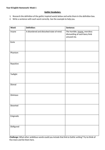 Gothic Homework Tasks