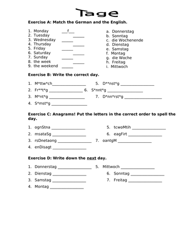 German Days of the week worksheet