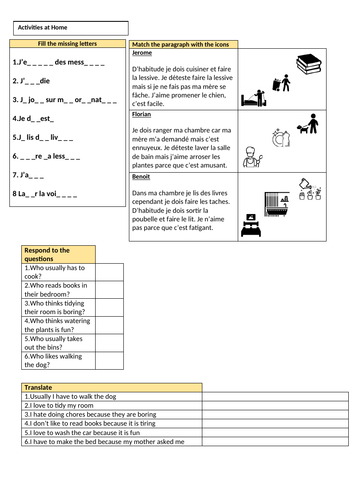 Activities at home (Les tâches) present tense: Ks3 worksheet