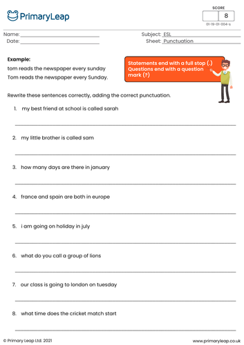 English worksheet - Adding the correct punctuation