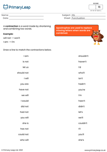 English worksheet: Match the contractions (won't, couldn't, haven't etc.)