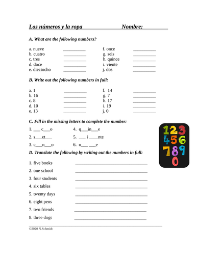 Spanish Numbers Worksheet Los N meros 0 20 Teaching Resources