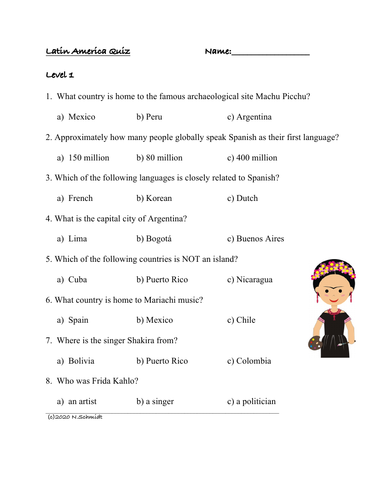 Latin America Culture and Geography Quiz (SUB PLAN) English Version