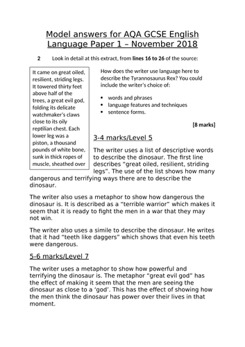 Levels 5,7 and 9 model answers (AQA GCSE English Language Paper 1 November 2018)