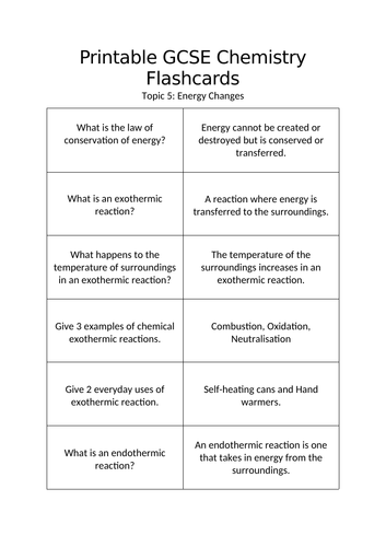 Energy Changes Printable Flashcards AQA Topic C5 Combined Science (Foundation and Higher Tier)