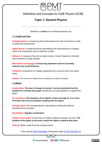 CAIE GCSE Physics Definitions