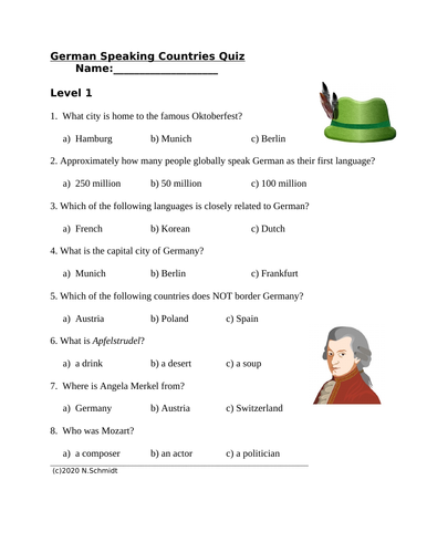 German Culture and Geography Quiz (SUB PLAN) English Version