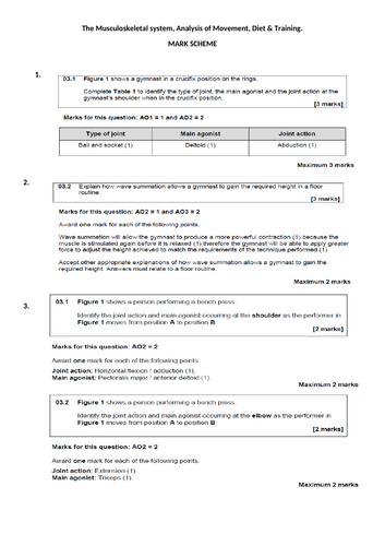 AQA ALevel PE Movement analysis, diet & nutrition assessment & mark scheme