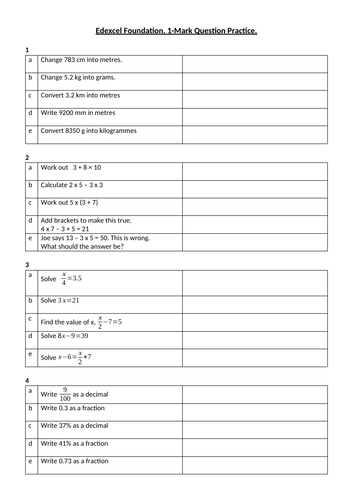 1 - Mark Question Practice for Edexcel Foundation.