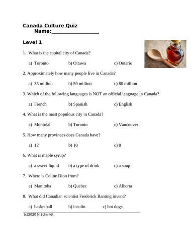 Canada Culture and Geography Quiz (ESL/ EFL / Socials)