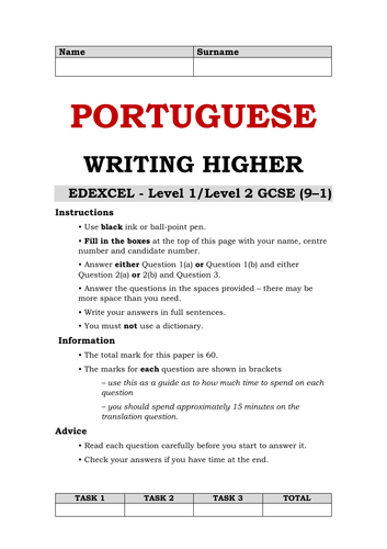 Portuguese Writing GCSE - Higher Tier - Edexcel Style