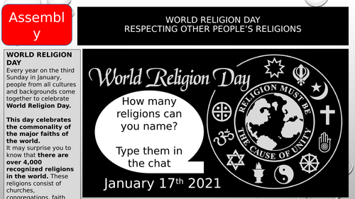 Assembly and follow up designed for remote  tutor time on World Religion Day