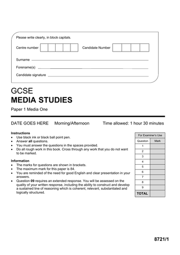 AQA GCSE Media Studies PAPER 1 Mock (Set 2)