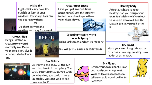 Space (Beegu) Homework menu- Year 1