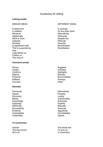 Useful Linking Words For English Language Literature Essays Teaching Resources