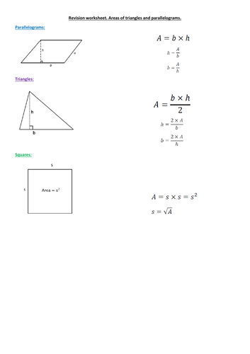 Areas of parallelograms and triangles. Worksheet +  Answers.