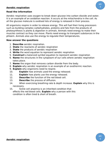 Aerobic Respiration worksheet (Higher) (SPEC 4, AQA)