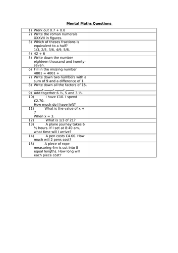 MENTAL MATHS QUESTIONS 1.1 | Teaching Resources