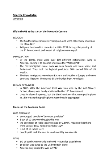 AQA GCSE History 'America: Opportunity and Inequality'  Grade 9 Fact Document