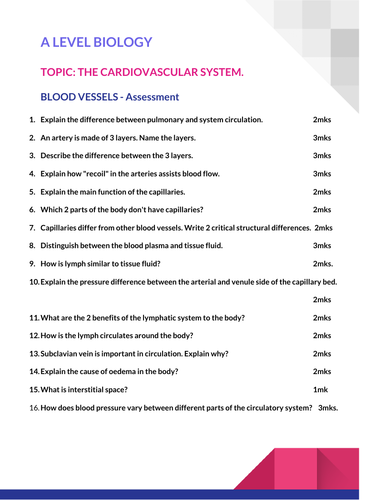 Blood Vessels - A level Biology Assessment and Answers