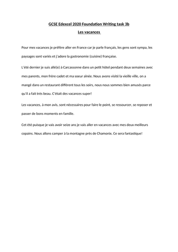 GCSE Edexcel 2020 Foundation writing task 3b EXAMPLE - Les vacances