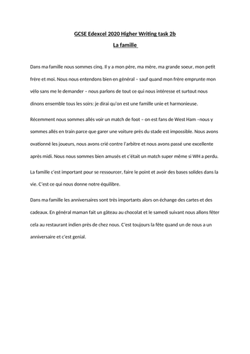 GCSE Edexcel 2020 Higher writing task 2b EXAMPLE - La famille