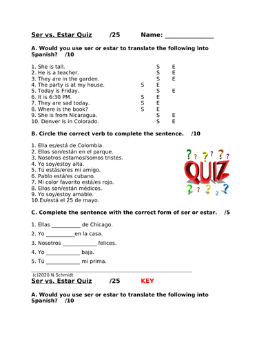 Ser vs estar worksheets