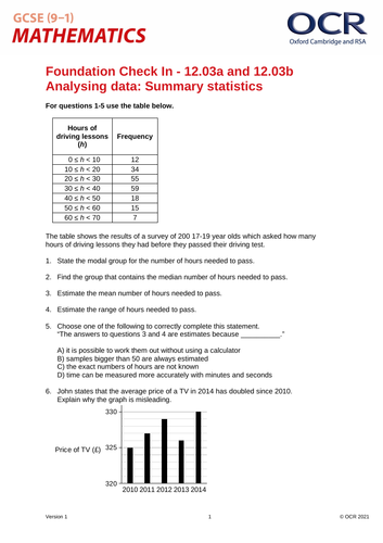 OCR Maths: Foundation GCSE - Check In Test 12.03a & b Analysing data