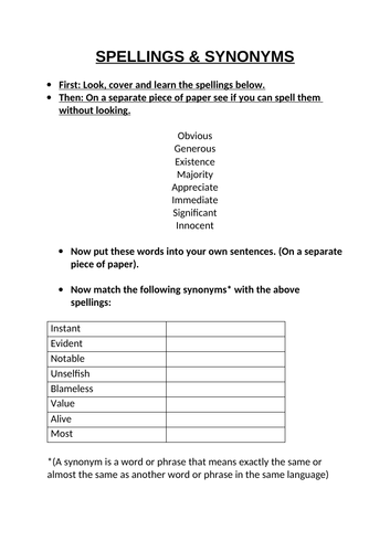 Spellings And Synonyms Teaching Resources