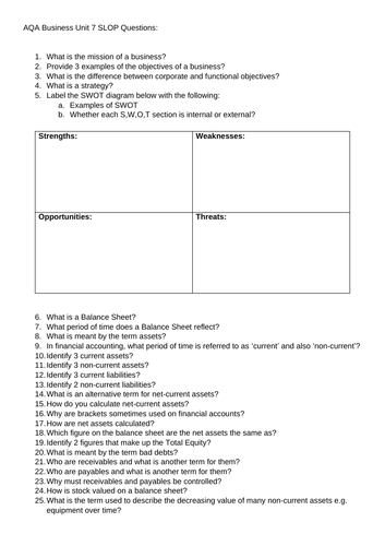 AQA A Level Business Units 7-10 SLOP (Shed Loads of Practice) Revision Worksheets