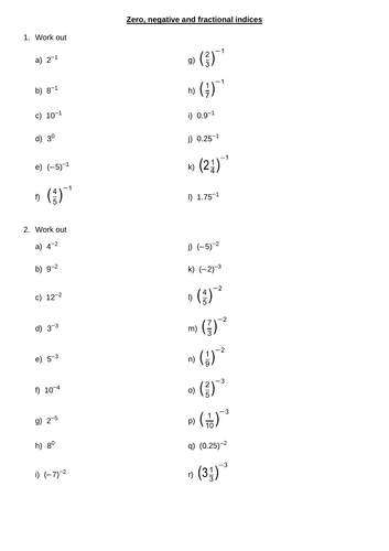 Zero, negative and fractional indices | Teaching Resources