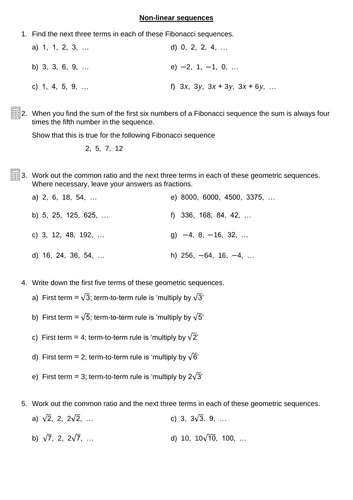 Non-linear sequences | Teaching Resources