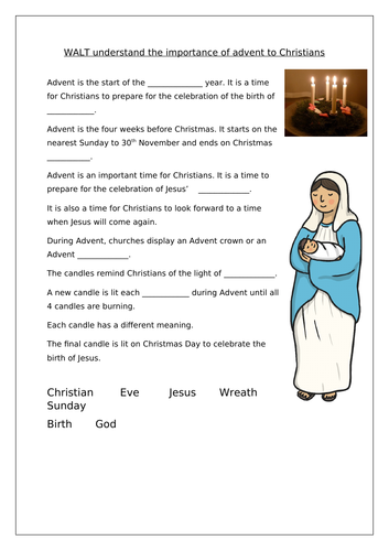 Year 2/3 Word fill Advent Worksheet - Christmas